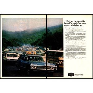 1970 Union Carbide 2 Page Vintage Print Ad Cars Highway Mountains Smog Wall Art